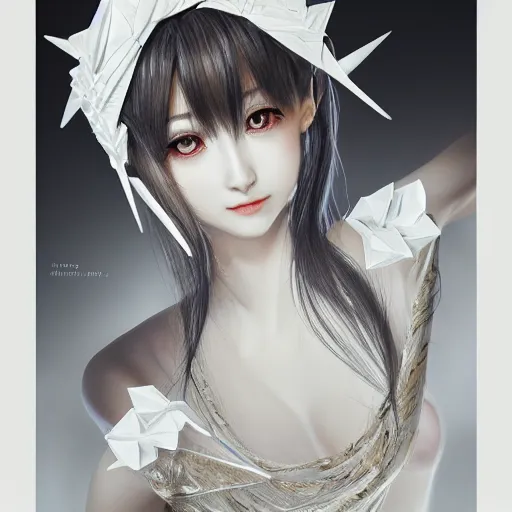 Prompt: the portrait of an absurdly beautiful, elegant, fashionable gravure idol made of white paper origami cranes, hyperrealistic anime illustration by kim jung gi, iralki nadar, extremely detailed intricate linework, reflective eyes, smooth, super sharp focus, bright colors, high contrast, matte, octopath traveler, perfect render, global illumination, radiant light