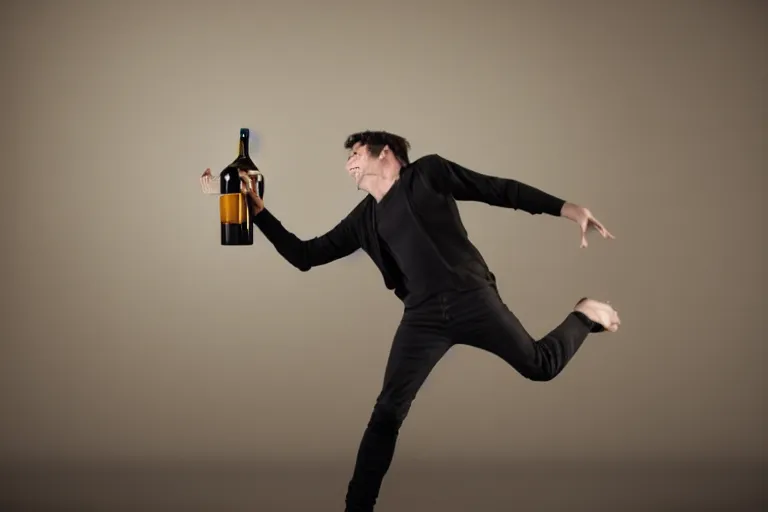 Image similar to A male model boisterously dancing around the room by himself holding an empty wine bottle as he jumps in the air by Lynda Benglis, octane render, 4k, 8k, (sharp) , very very beautiful, stunning, twisted, vanishing, transparent, ethereal