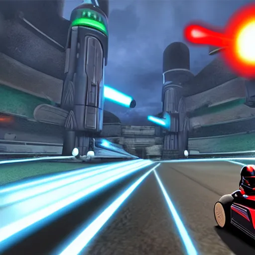 Image similar to still image of darth vader driving in mario kart tour deluxe race, unreal engine, octane