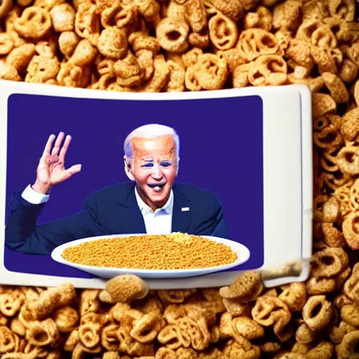 Prompt: Joe Biden is emerging from a bowl of cereal, Extremely realistic photo, trending art station