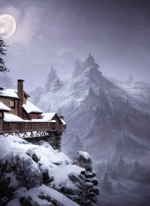 Image similar to a cabin castle on the top of a snowy mountain, crescent moon, greg rutkowski, 8 k, shallow depth of field, intricate detail, concept art,