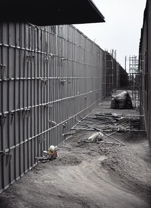 Image similar to a beautiful realistic photo of the construction site, storage outside, street 1 9 9 0, life magazine reportage photo