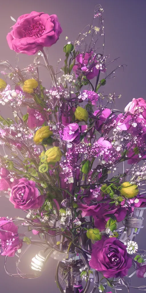 Image similar to a lovely mechanical bouquet of flowers, highly detailed, octane render, cinematic