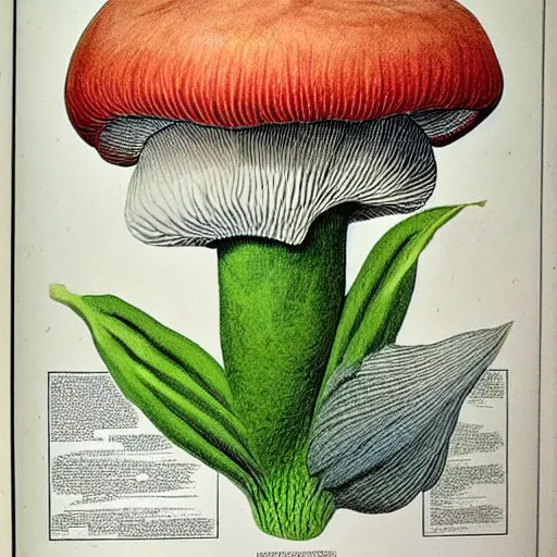 Image similar to botanical illustration of an alien mushroom. naturalist color illustration, textbook drawing, drawn on vellum, detailed illustration, nobel prize