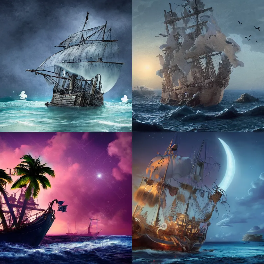 Prompt: an ephemeral ghost ship full of ghost and skereton pirates approaching an inhabited island in the Caribbean at night, an award-winning high-quality digital art, hyperrealistic
