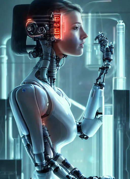 Image similar to cyberpunk,sci-fi, fantasy,Kodak Portra 400, 8K, soft light, volumetric lighting, highly detailed, britt marling style 3/4 ,portrait photo of a beautiful cyborg robot woman in a chemical laboratory + face, intricate, elegant, highly detailed, digital painting, artstation, concept art, smooth, sharp focus, illustration,art by artgerm and greg rutkowski and alphonse mucha