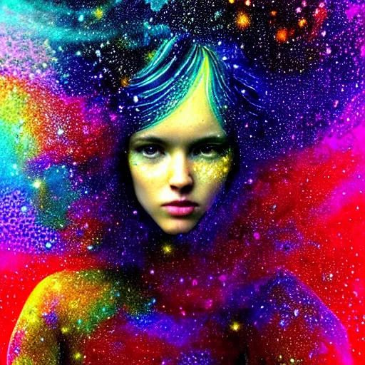 Image similar to girl finding spiritual freedom in psychedelic LSD rain with wet hair and face, morphing to stary complex spiral galaxy, fantasy, intricate, elegant, dramatic lighting, emotionally evoking symbolic metaphor, highly detailed, lifelike, photorealistic, digital painting, artstation, concept art, smooth, sharp focus, illustration, art by John Collier and Albert Aublet and Krenz Cushart and Artem Demura and Alphonse Mucha