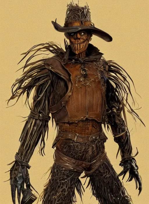 Prompt: powerful male scarecrow, willem dafoe as scarecrow, land of oz, full body character concept, covered in full leather armor, art nouveau, super powers, fantasy, intricate, elegant, highly detailed, digital painting, artstation, concept art, shining, sharp focus, illustration, art by stanley lau