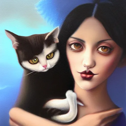 Prompt: a painting of an emo mexican woman holding a cat, a photorealistic painting by tom bagshaw and ( ( ( mark ryden ) ) ), trending on deviantart, gothic art, ilya kuvshinov, goth, storybook illustration