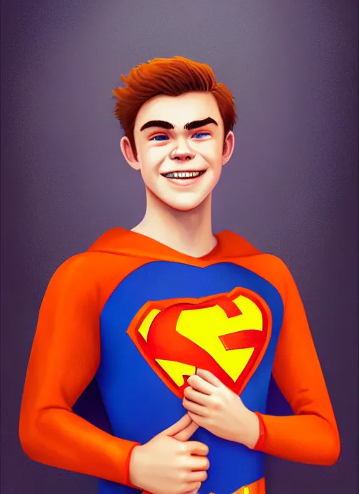 Image similar to friendly teenage archie andrews wearing an orange superhero costume with heart logo, heart, orange costume, blue cape, freckles, cape, heart emblem on chest, heart, blue cape, intricate, elegant, glowing lights, highly detailed, digital painting, artstation, sharp focus, illustration, art by wlop, mars ravelo and greg rutkowski