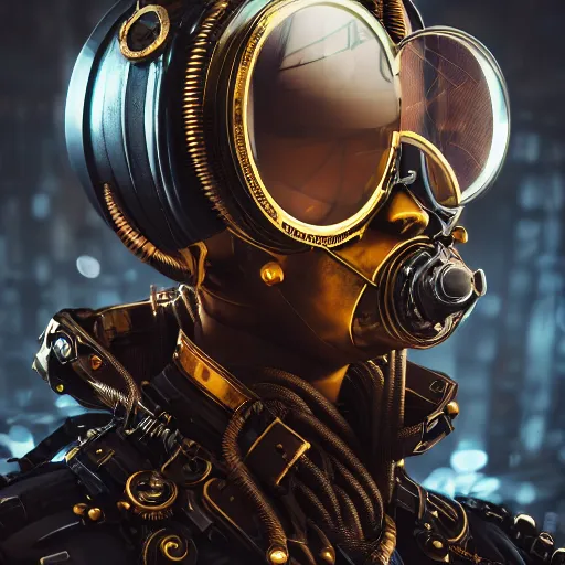 Image similar to portrait of an cyber artist, steampunk, high detail, beautiful light, depth of field, sharp focus, clean design, 4 k, octane render