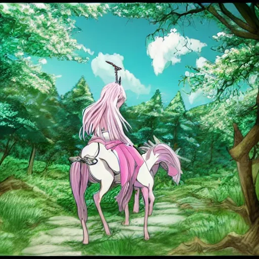 Image similar to a beautiful girl riding a unicorn in the forest. Anime style. Drawing by Miyazaki