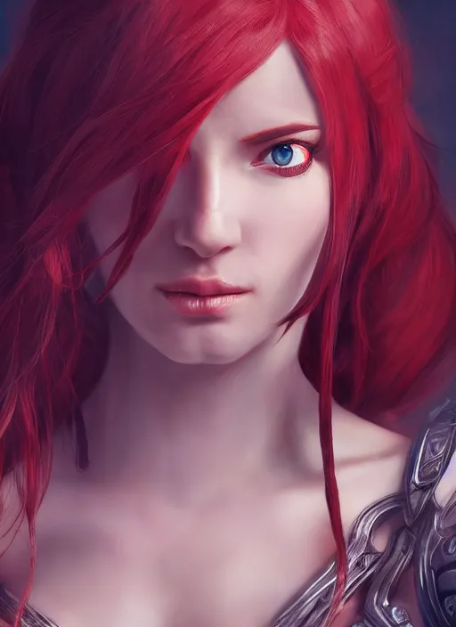 Image similar to katarina, from league of legends, au naturel, hyper detailed, digital art, trending in artstation, cinematic lighting, redhead, studio quality, smooth render, fluorescent skin, unreal engine 5 rendered, octane rendered, art style by klimt and nixeu and ian sprigger and wlop and krenz cushart
