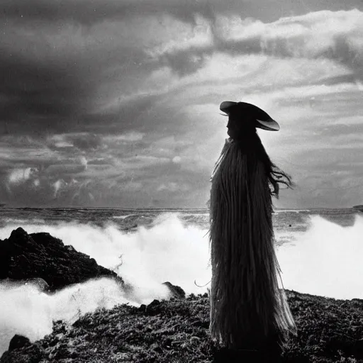 Prompt: 1 9 7 0's artistic spaghetti western movie in color, a woman in a giant billowy wide flowing waving dress made out of white smoke, standing inside a green mossy irish rocky scenic landscape, crashing waves and sea foam, volumetric lighting, backlit, moody, atmospheric