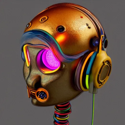 Image similar to a detailed claymodel of a dieselpunk rococo robot head wearing multicolored wires and headphone, 8 k, front view, symetrical, flourescent colors, halluzinogenic, multicolored, exaggerated detailed, front shot, 3 d render, octane