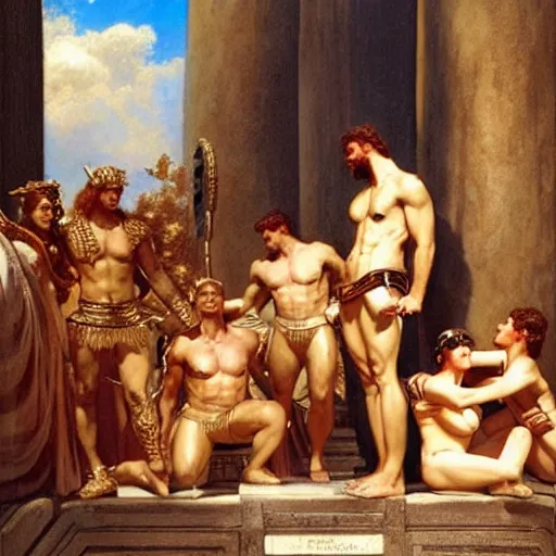 Image similar to hercules watches achilles while they wait in line to worship at zeus'feet, throne of olympus, heavenly marble, gods and goddesses in elegant clothes, painting by gaston bussiere, craig mullins, j. c. leyendecker, tom of finland