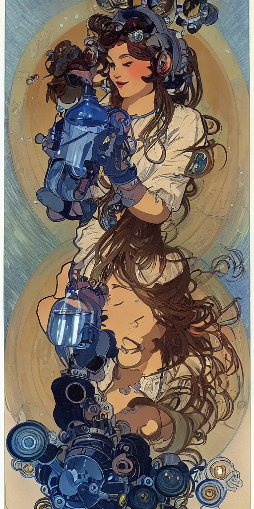 Image similar to a woman wearing outer space as a dress, pouring water from a vase into the milky way, by joe madura, by alphonse mucha, battle chasers.