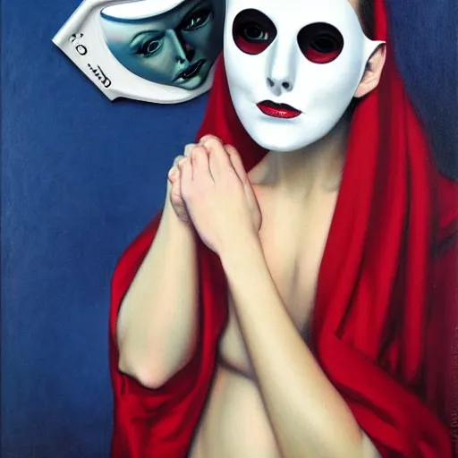 Image similar to portrait of a woman with a white plastic theater mask, by gerald brom