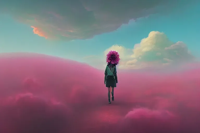 Prompt: giant dahlia flower on her head, girl walking on mountain, surreal photography, pink storm clouds, dramatic light, impressionist painting, digital painting, artstation, simon stalenhag