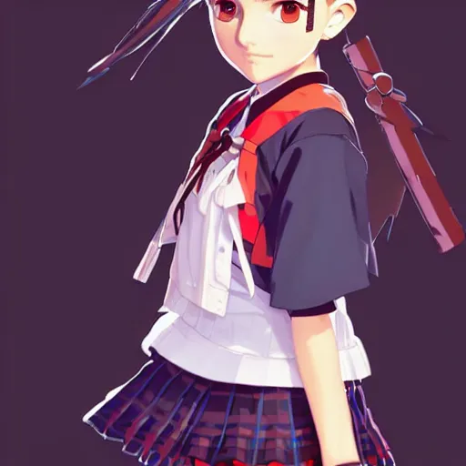 Image similar to a beautiful! boyish! natalie portman model, wearing catholic school girl outfit with mayan pattern and native style, jrpg aztec street fashion, gapmoe yandere grimdark, trending on pixiv fanbox, painted by greg rutkowski makoto shinkai takashi takeuchi studio ghibli, akihiko yoshida