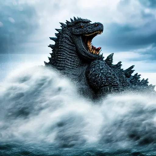 Prompt: hyperrealistic photo of godzilla emerging from the ocean, raging, big splash, droplets, dark lightning clouds, overcast, thunder, lightning strike, closeup, telephoto zoom, ultra detailed, sharp focus, cinematic, 1 0 0 mm, dslr, 4 k