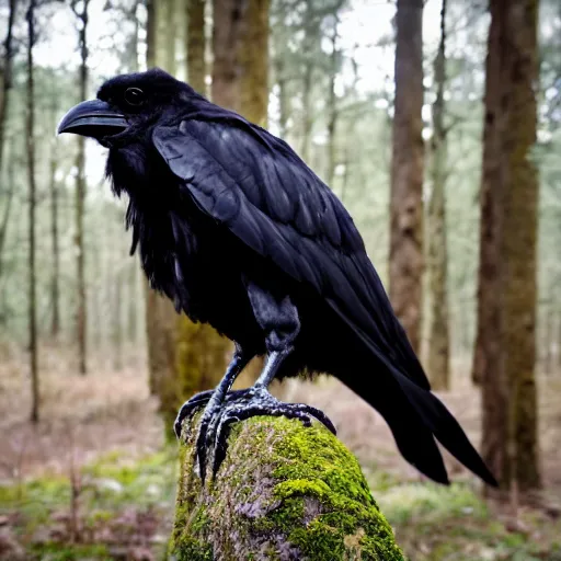 Image similar to crossbreed between a human male and crow, photograph captured in a forest