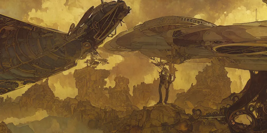 Image similar to a steampunk airship emerges over the horizon of an alien planet, artwork by alphonse mucha, dramatic lighting, long shadows, brushstrokes, paper texture.