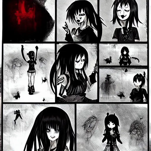 Image similar to a dark picture comic featuring blood horror and goth anime girls
