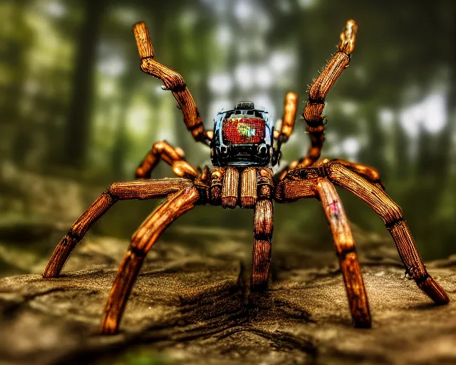 Image similar to photo of a cyborg biomechanical spider in the forest. fantasy cyberpunk style. highly detailed 8 k. intricate. nikon d 8 5 0 5 5 mm. award winning photography.