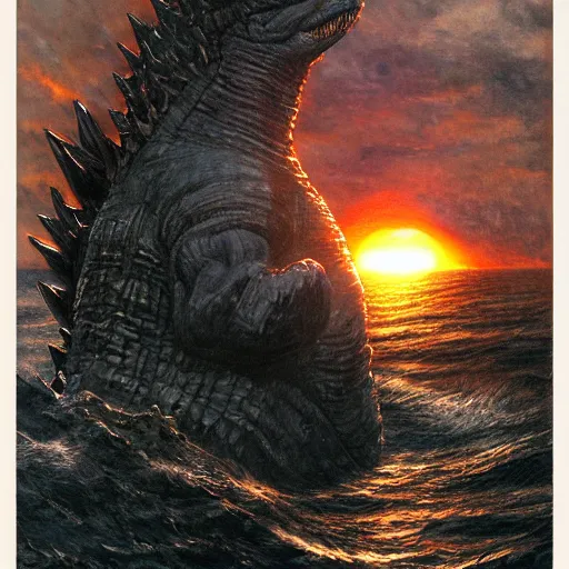 Image similar to godzilla, deep sea, sunset, portrait by gerald brom, by mikhail vrubel, by peter elson, muted colors, extreme detail, trending on artstation, 8 k