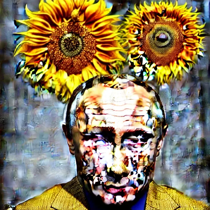 Image similar to photo portrait of Vladimir Putin - sunflowers - dressed in leisure suit with ornamental ethereal sunflower pattern, natural skin tone, highly detailed realistic flowers ornament in the upper side of breast, hair, eyebrows and wrinkles are intricate with highly detailed realistic flowers, elegant, Realistic, Refined, Highly Detailed, natural soft pastel lighting colors scheme, fine art photography by Cecil Beaton, volumetric lighting, hyper realistic photography