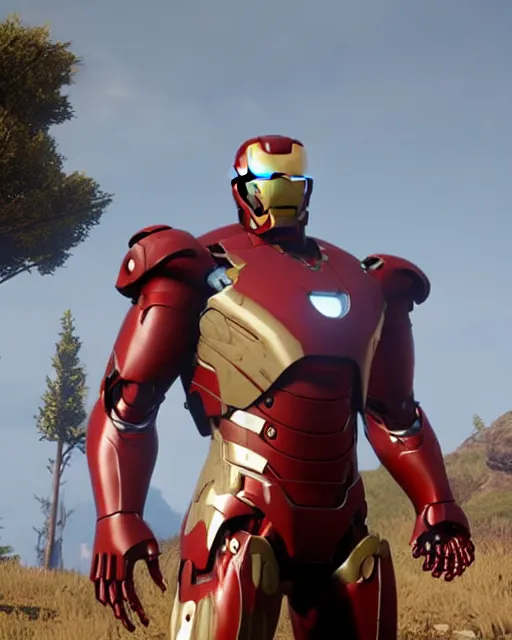 Image similar to robust and bulky iron man suit in red dead redemption 2, cinematic, photorealistic