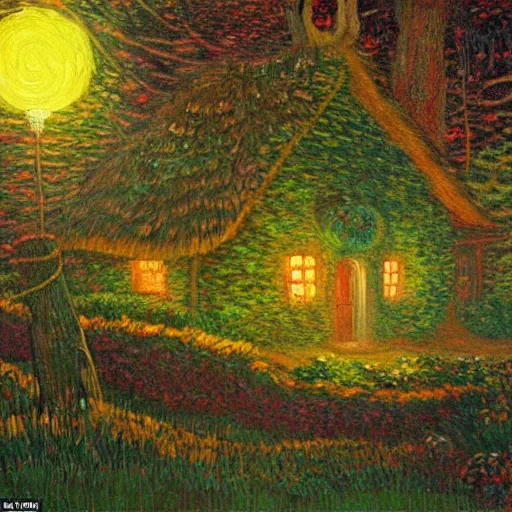 Image similar to mysterious detailed painting of a cozy english cottage in the woods at night, surrounded by giant glowing mushrooms, in the style of studio ghibli and moebius and claude monet and edward hopper and vincent van gogh