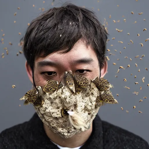 Image similar to a guy, face covered in moths, by shinji aramaki,