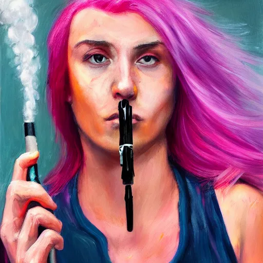 Image similar to person with pink hair holding a knife and smoking weed, cinematic, 4 k, oil painting