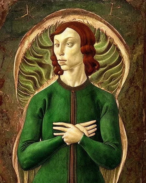 Image similar to stunning renaissance fresco of a green sad devil, masterpiece, artstation, by Sandro Botticelli, by Sofonisba Anguissola