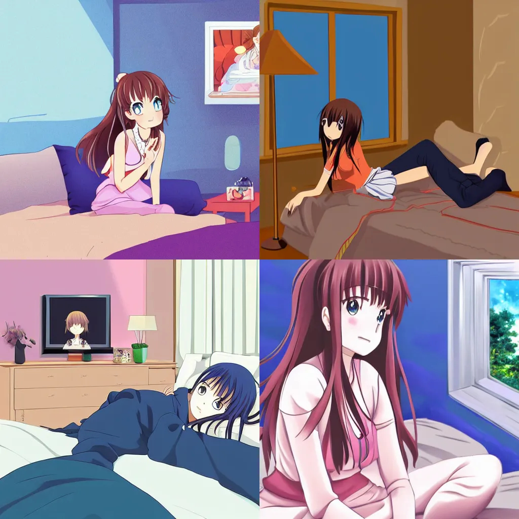 Prompt: cute art of beautiful anime girl watching tv inside a bedroom