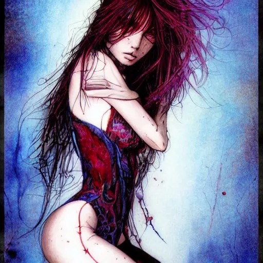 Prompt: the brittle. digital painting, vertical, intricate, beautiful, detailed, grunge, illustration, abstract art by luis royo and milo manara, trending on artstation. blue, dark red and dark purple color scheme, gradient darker to bottom