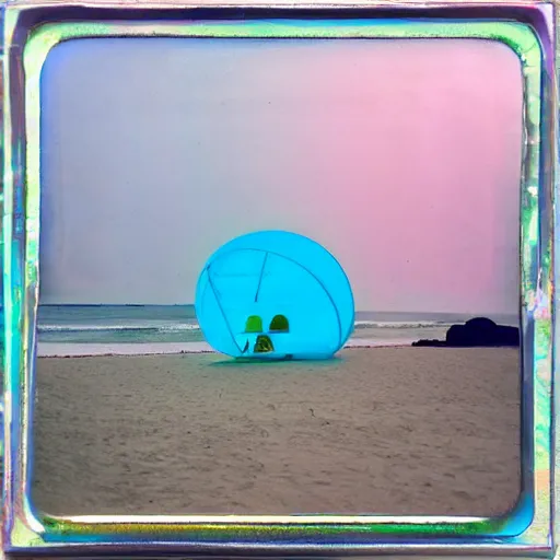 Image similar to a pastel colour high fidelity Polaroid photo from a holiday album at a seaside with abstract inflatable parachute furniture, all objects made of transparent iridescent Perspex and metallic silver, no people, iridescence, nostalgic