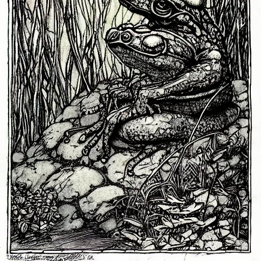 Prompt: toad philosopher toad in a pose The Thinker, swamp, toad, hoptoad, illustrations by irish fairy tales james stephens arthur rackham, fairy tale illustrations, green ratio, very detailed,