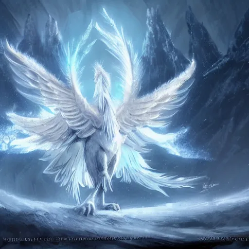 Image similar to Majestic Frost Phoenix in a snowy landscape, magic, epic, fantasy, artstation