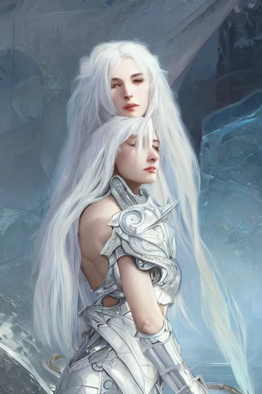 Image similar to portrait white hair knights of Zodiac girl, Sliver ice color reflected armor, in ruined Agora of Athens Sunrise, ssci-fi and fantasy, intricate and very very beautiful and elegant, highly detailed, digital painting, artstation, concept art, smooth and sharp focus, illustration, art by tian zi and WLOP and alphonse mucha