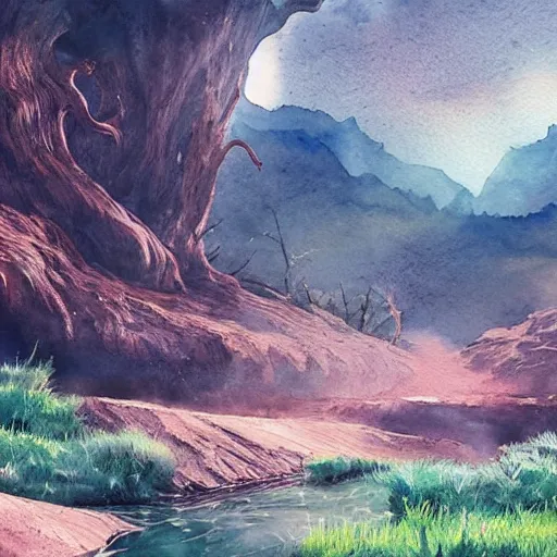 Prompt: watercolor of a lush natural scene on an alien planet by vincent bons. ultra sharp high quality digital render. detailed. beautiful landscape. weird vegetation. water. soft colour scheme. grainy.