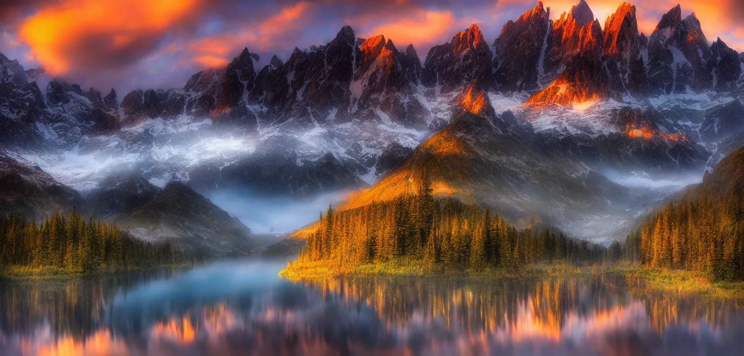 Image similar to amazing landscape photo of mountains with lake in sunset by marc adamus, beautiful dramatic lighting