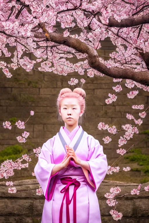 Image similar to highly detailed beautiful photo of a young female samurai, practising sword stances in front of a cherry blossom tree, symmetrical face, beautiful eyes, pink hair, realistic anime art style, 8 k, award winning photo, pastels colours, action photography, 1 / 1 2 5 shutter speed, sunrise lighting
