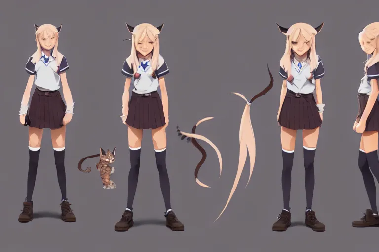 Prompt: character sheet of attractive female lynx fursona, magic school uniform, blonde hair, by greg rutkowski and studio ghibli, digital art, trending on artstation, highly detailed, concept art, beautiful, masterpiece