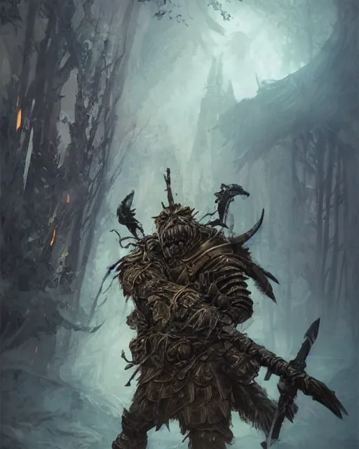 Image similar to Huge Bugbear warrior in armor, portrait, woodlands, magic the gathering artwork, D&D, fantasy, cinematic lighting, centered, symmetrical, highly detailed, digital painting, artstation, concept art, smooth, sharp focus, illustration, volumetric lighting, epic Composition, 8k, art by Akihiko Yoshida and Greg Rutkowski and Craig Mullins, oil painting, cgsociety