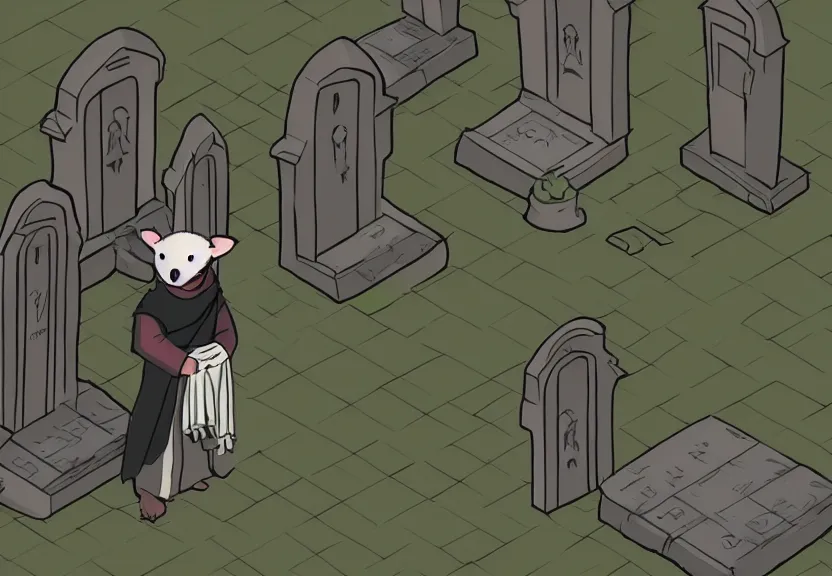 Prompt: a possum dressed like a monk at a medieval cemetery at night, isometric, digital art