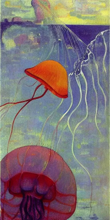 Image similar to jellyfish by paul gauguin, serene, calm, minimalist!!