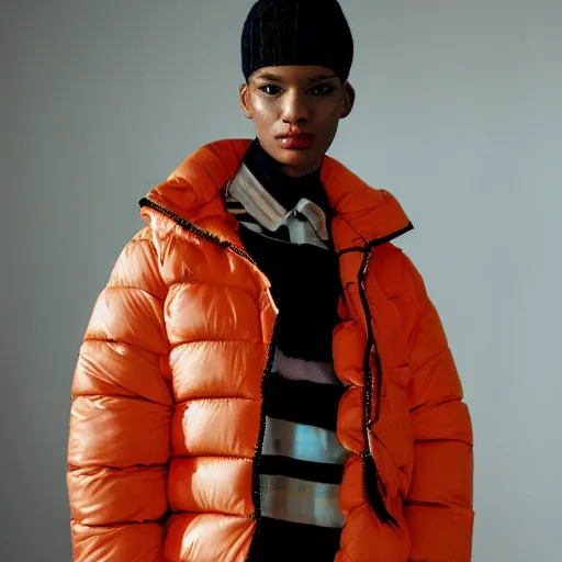 Prompt: realistic photoshooting for a new balenciaga lookbook, color film photography, portrait of a beautiful woman, model is wearing a multi layered puffer jacket, photo in style of tyler mitchell, 3 5 mm,